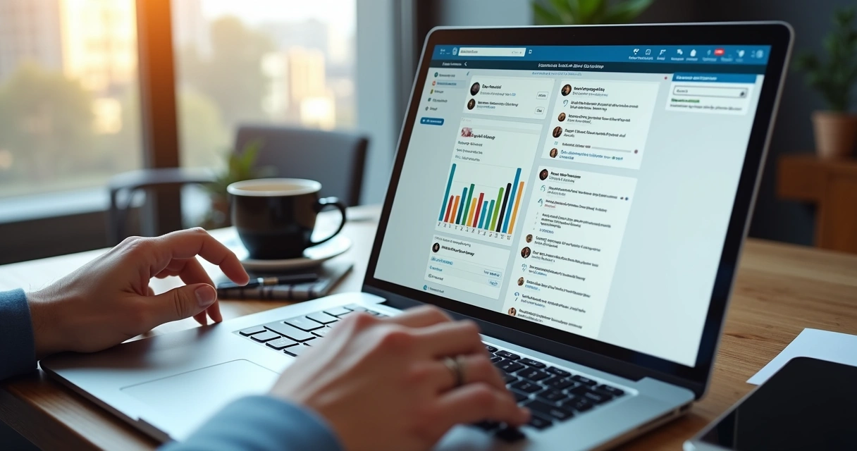 Pessoa utilizando LinkedIn em notebook para vendas sociais, com gráficos e contatos à mostra