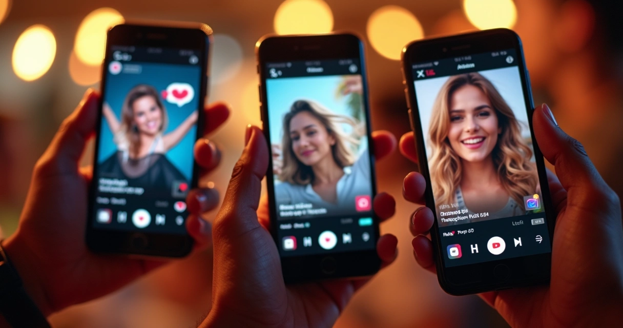 Hands sharing short videos on smartphone with social app icons. 
