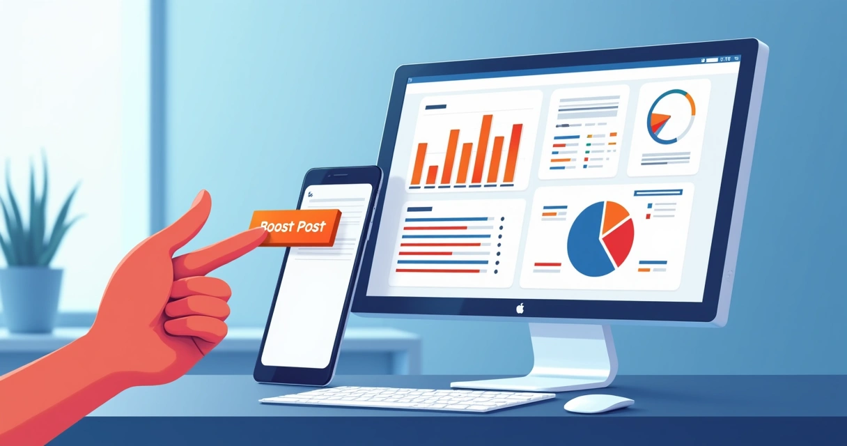 Split-view illustration showing a social media post being boosted on one side and a complex campaign dashboard on the other, full of data charts, budget controls, and targeting options.