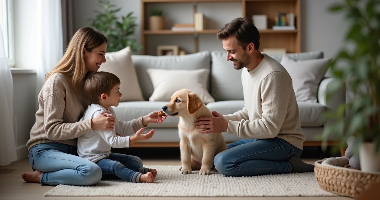 Cachorro jovem a ser acarinhado por família no sofá numa sala moderna e luminosa 