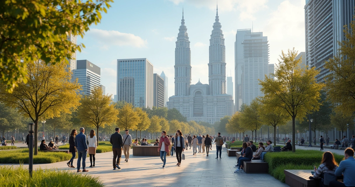 Vista de una ciudad moderna con personas colaborando 