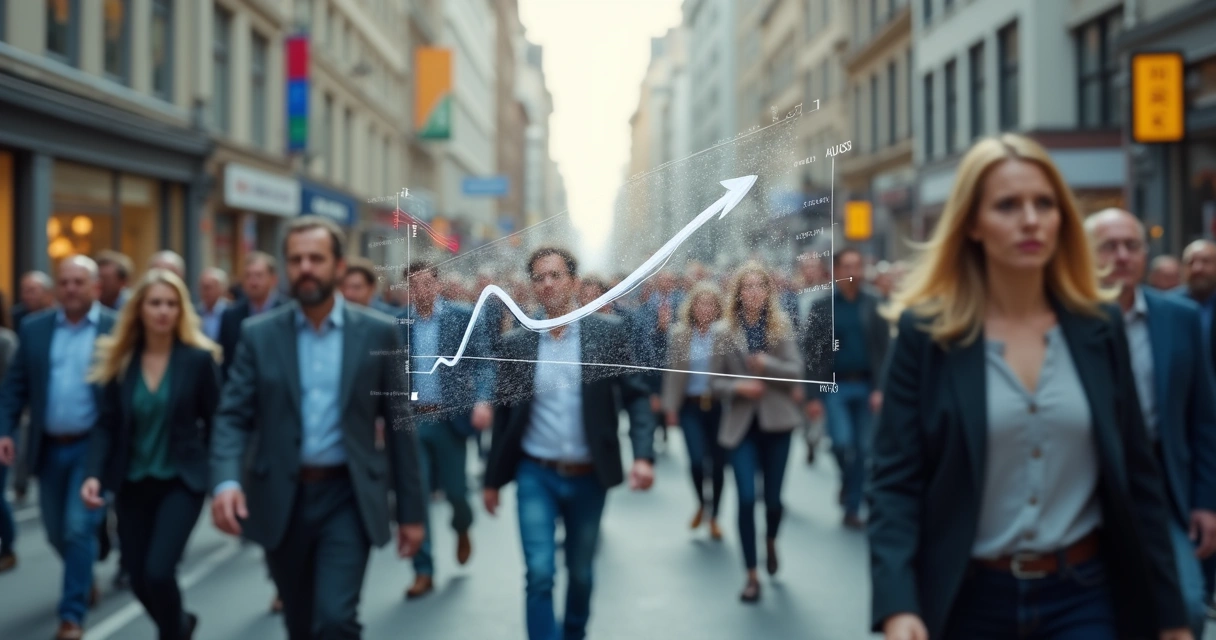 Multitud caminando apresurada en calle con símbolos de economía sobrepuestos