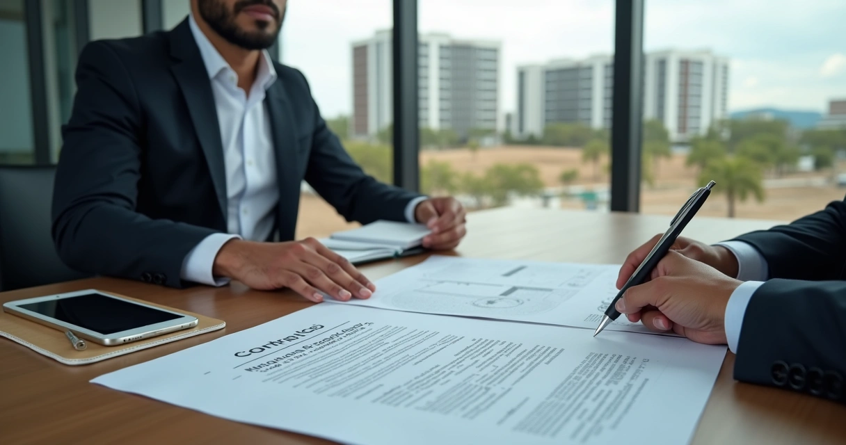 Advogado e empreendedor analisando contrato de SCP em projeto imobiliário com terreno ao fundo 