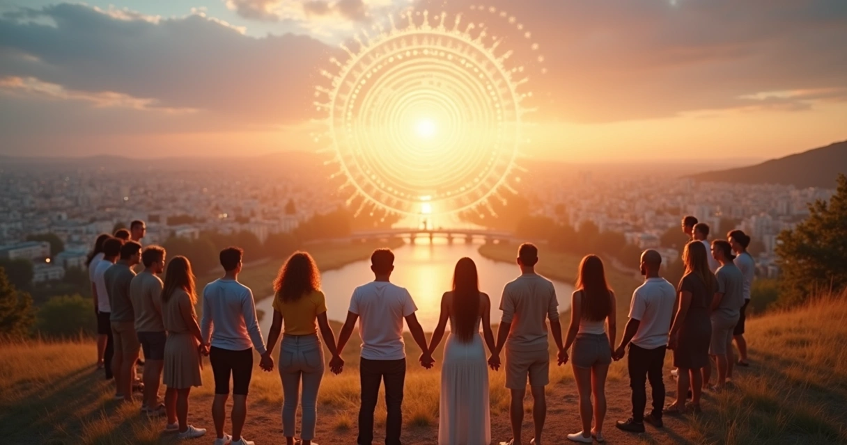 Círculo de pessoas diversas conectadas por luz em paisagem urbana ao amanhecer 