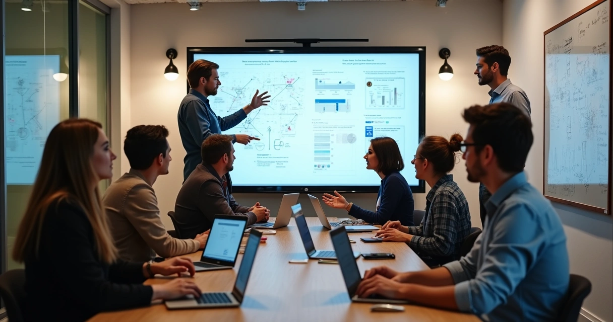 Profissionais trocando ideias em um espaço de coworking sobre IA no marketing 