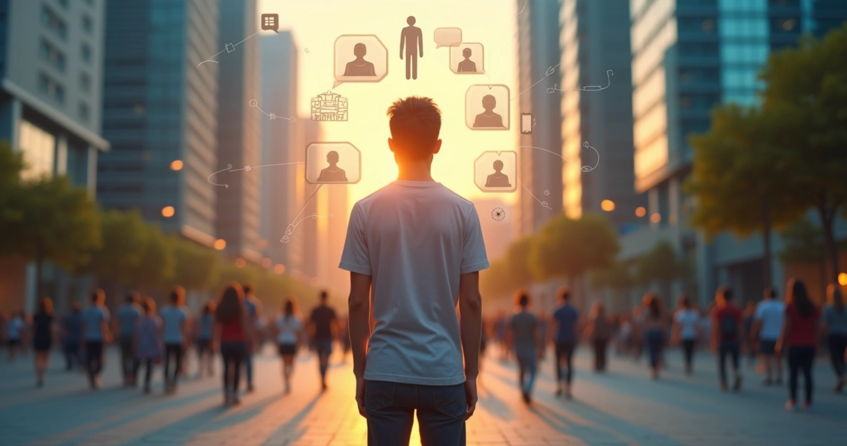 Pessoa em pé no meio da cidade com silhuetas ao redor representando influência da sociedade na mente 