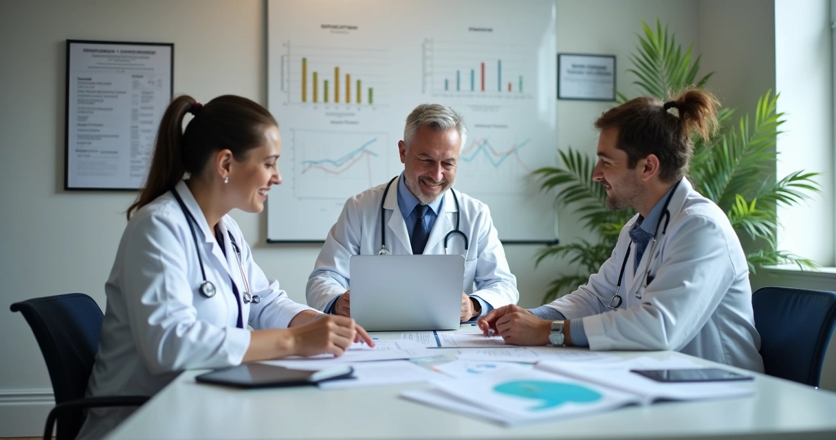 Reunião de médicos avaliando documentos em uma mesa