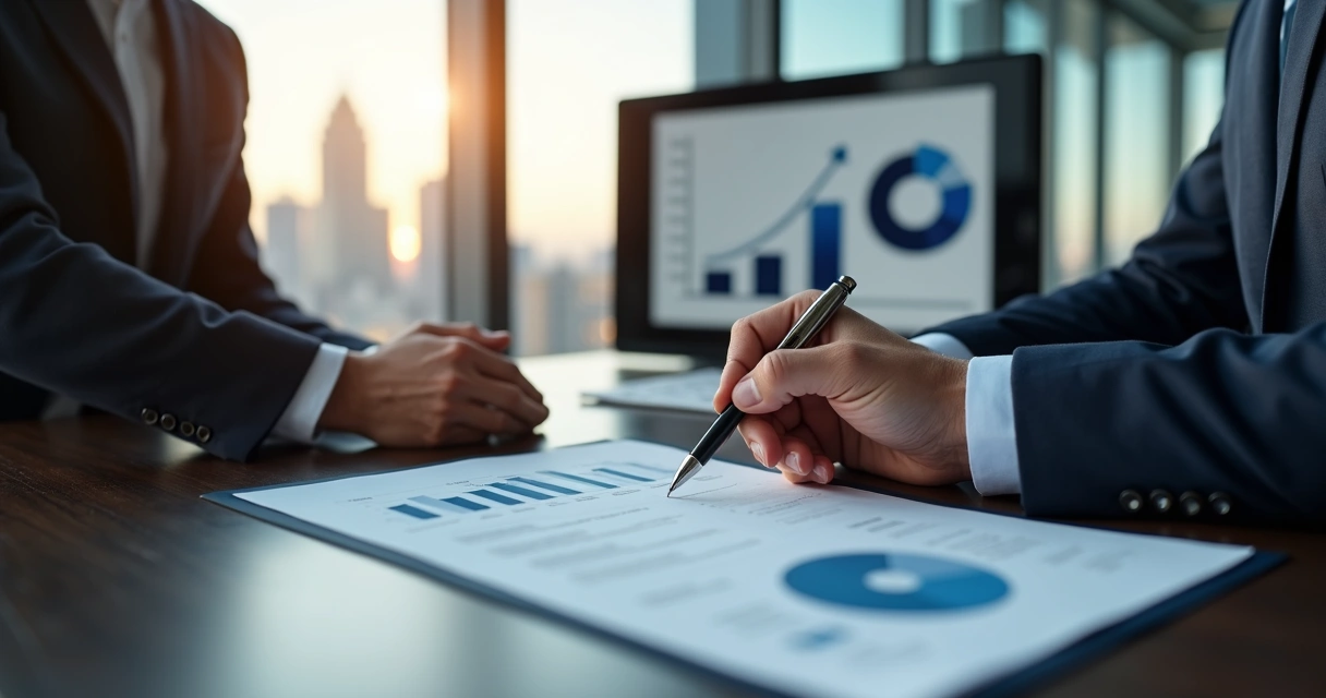 Empresário assinando contrato de sociedade com gráfico de participação crescente ao fundo 