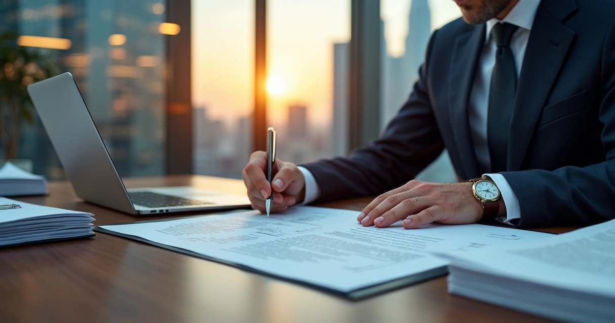 Empresário assinando documentos jurídicos com ícones de proteção ao patrimônio ao fundo 