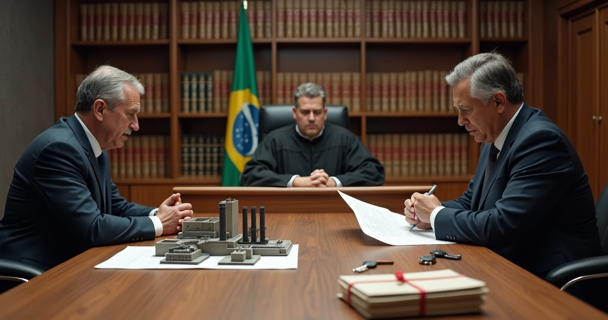 Sócio de indústria sentado em frente a juiz analisando bens empresariais e pessoais 