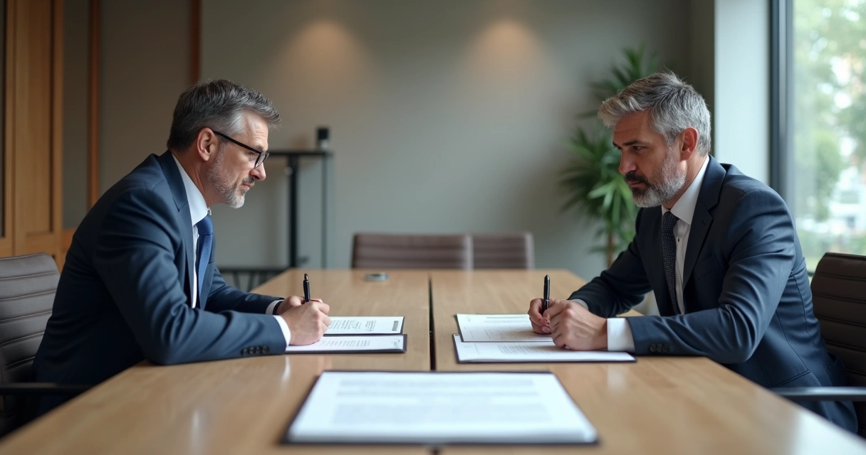 Dois sócios sentados em mesa de reunião, assinando documentos de saída societária, papéis e contrato social sobre a mesa