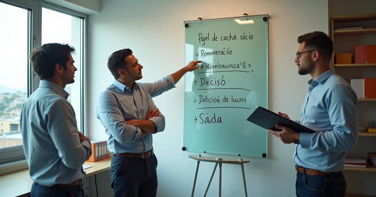 Três sócios em pé alinhando estratégia em quadro de regras de sociedade 