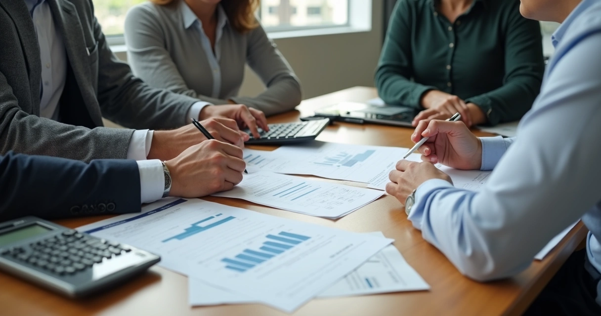 Sócios analisando documentos e números de imóvel em leilão 