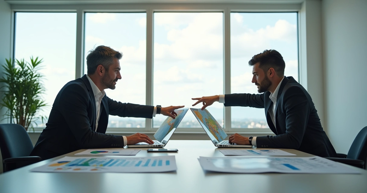 Dois sócios olhando mapas diferentes em uma mesa, demonstrando desalinhamento de estratégia