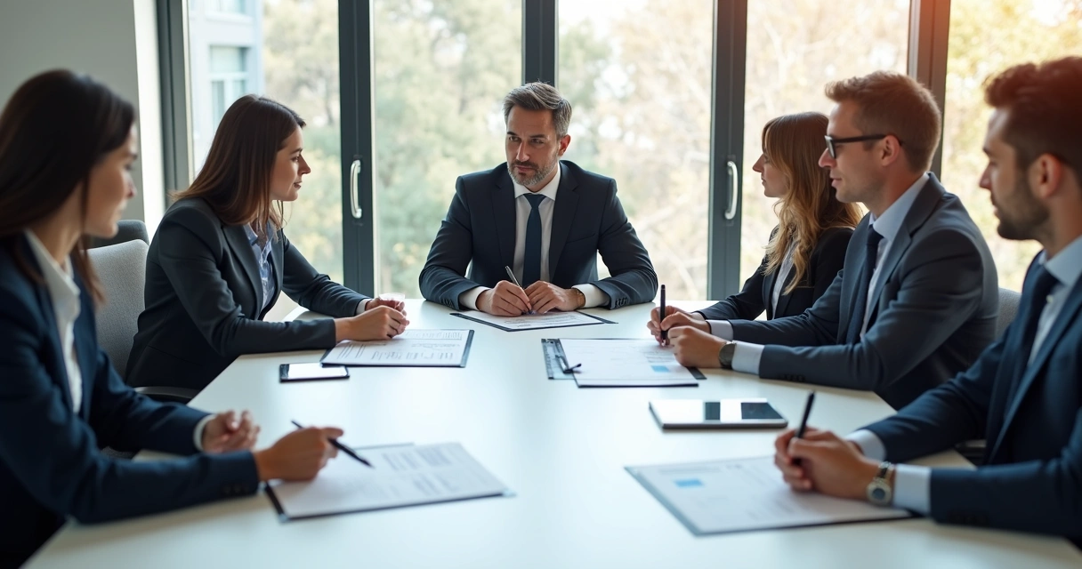 Reunião de sócios discutindo documentos na mesa.