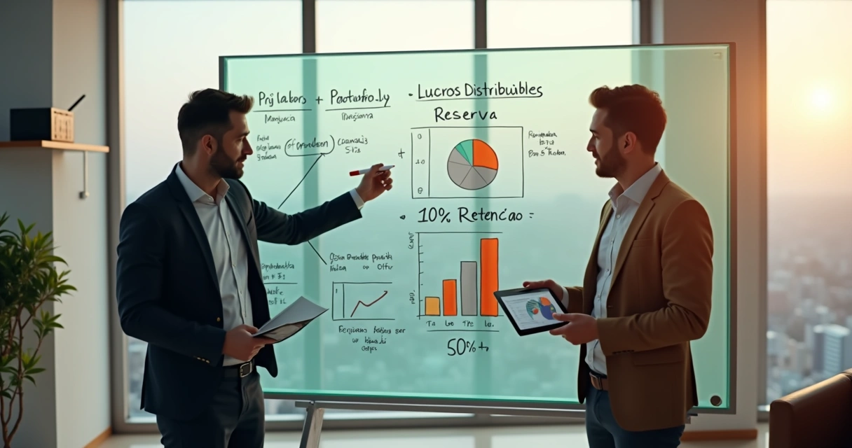 Sócios de empresa de tecnologia analisando distribuição de lucros em quadro de vidro 