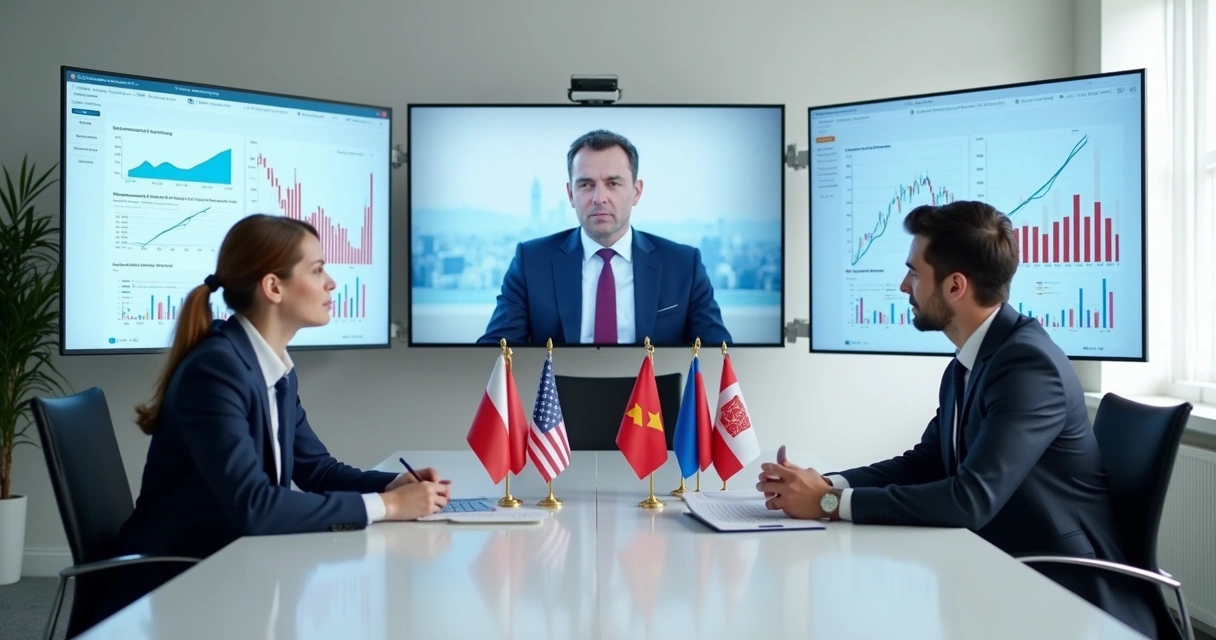 Sócios expatriados em reunião virtual com gráficos e documentos fiscais