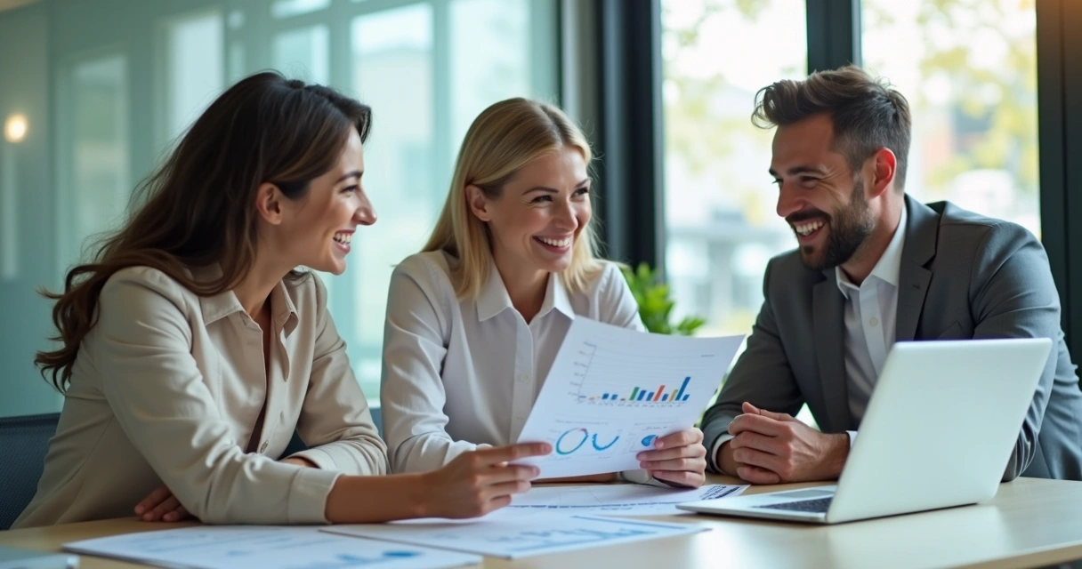 Sócios sorrindo em reunião corporativa com papéis e laptop 