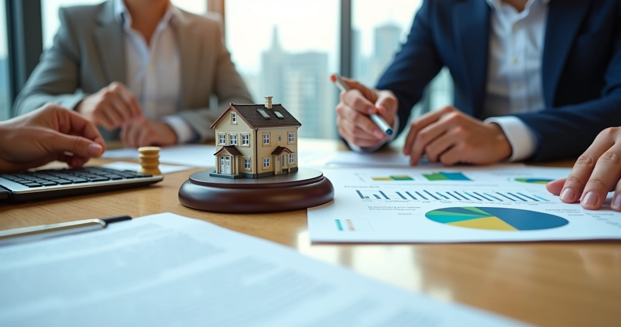 Sócios dividindo investimento em imóvel de leilão com gráfico e checklist na mesa 
