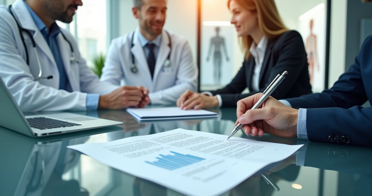 Sócios médicos em reunião assinando acordo societário em clínica moderna 