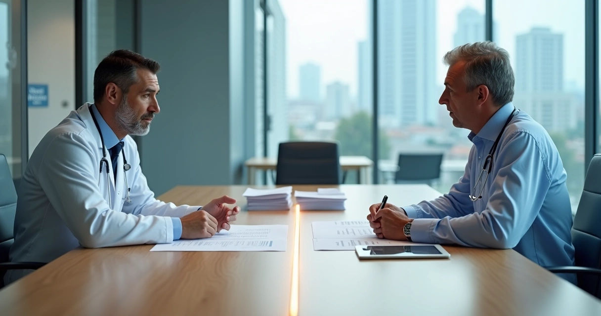 Dois sócios médicos analisando a separação da clínica com foco em acordos financeiros justos 