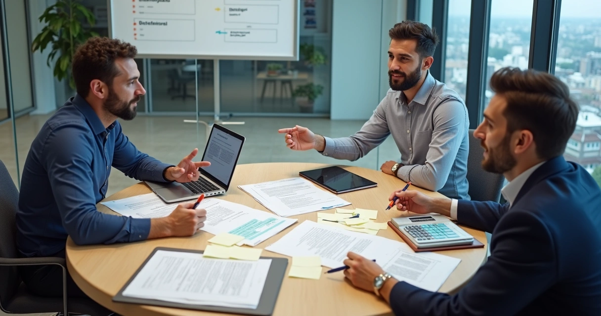 Reunião de sócios em mesa redonda revisando acordo de sociedade 