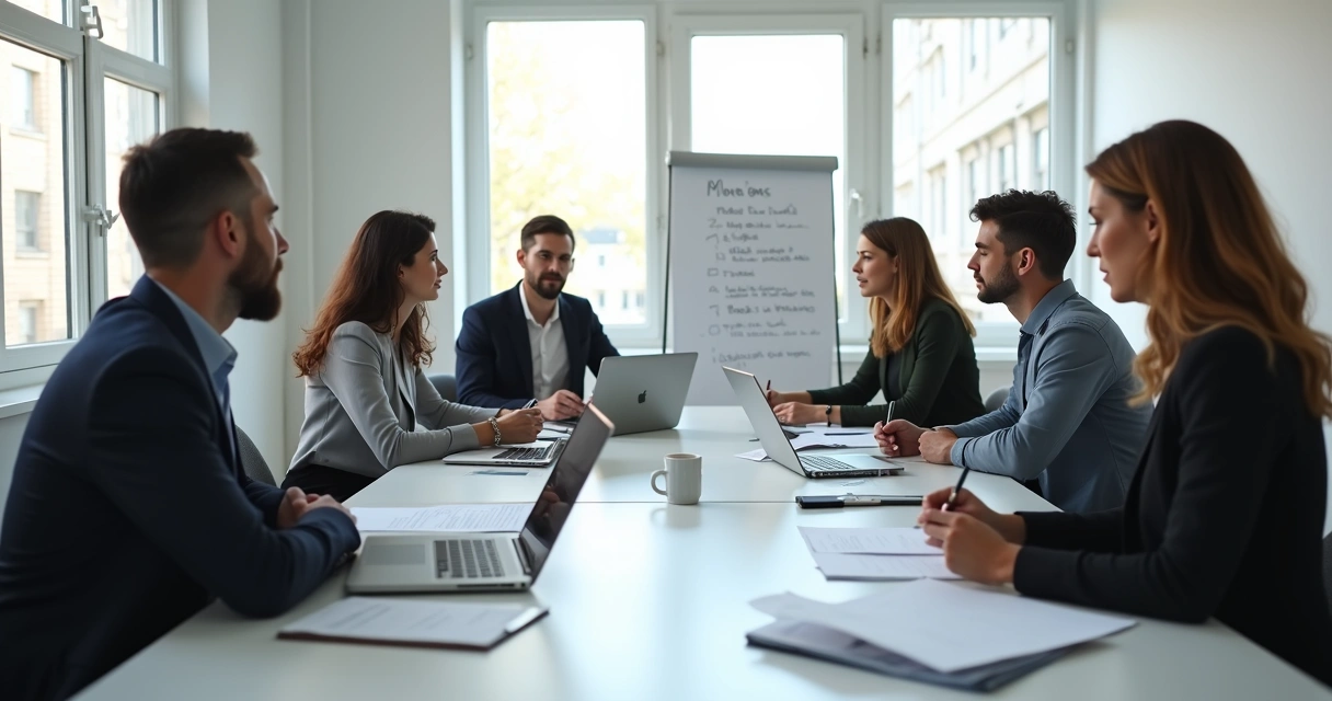 Reunião de sócios discutindo papéis claros em uma mesa de escritório espaçosa 
