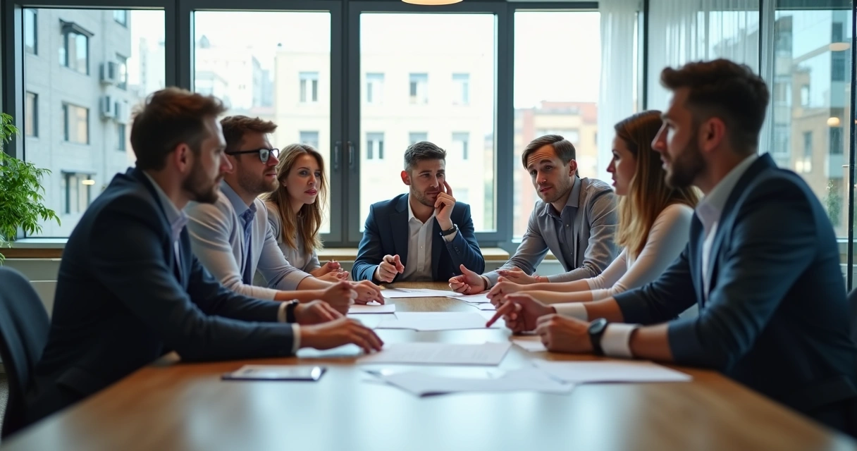 Socios reunidos discutiendo en una oficina moderna