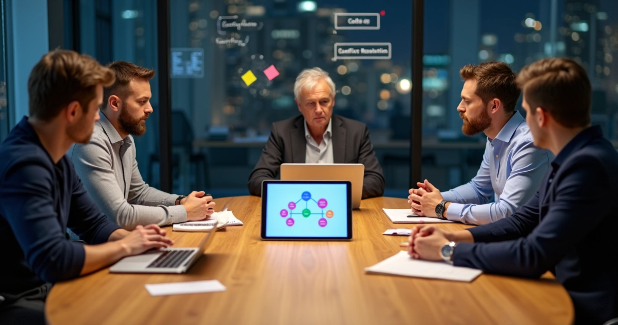 Sócios de startup em reunião de mediação em torno de mesa com mediador ao centro 