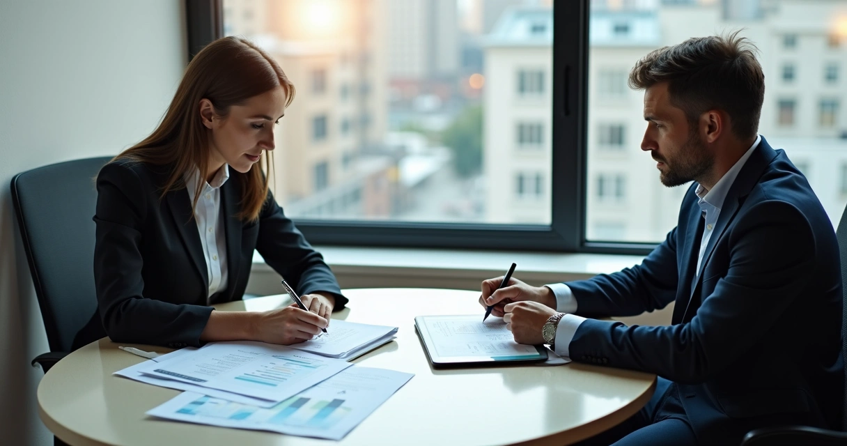 Dois sócios analisando contrato e tomando decisão em conjunto numa sala de reunião 