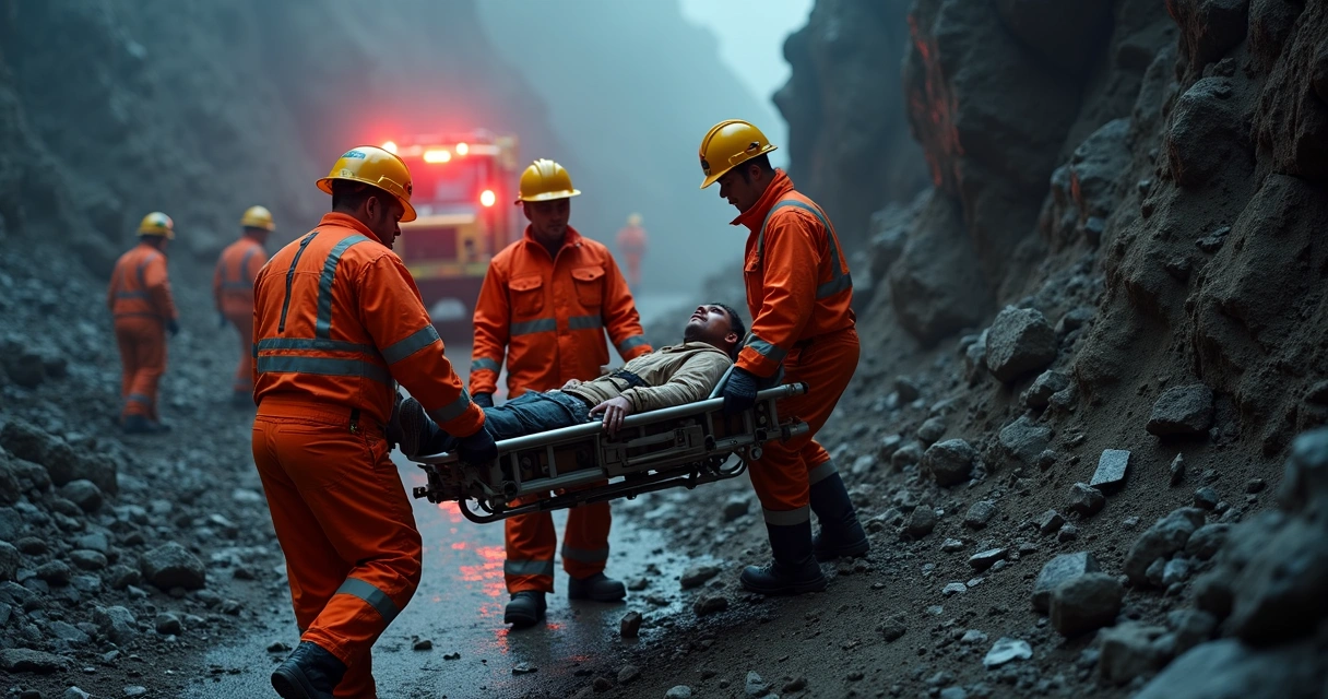 Equipe de resgate atendendo trabalhador ferido em mina 