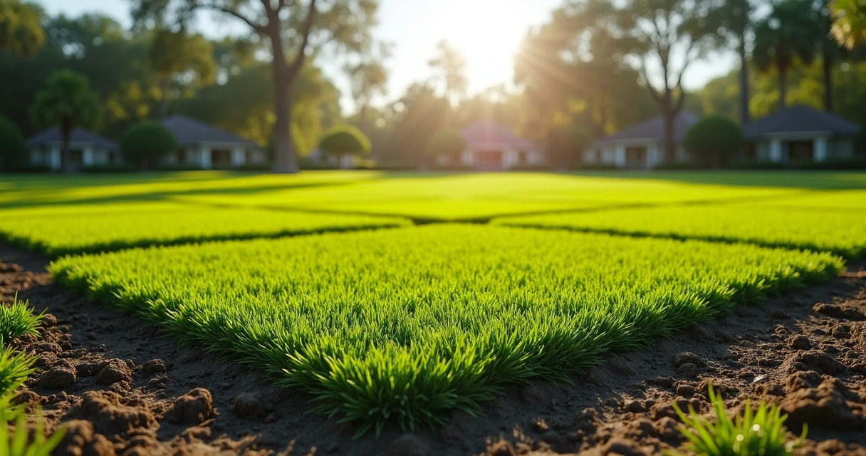 Freshly installed sod squares on prepared soil 