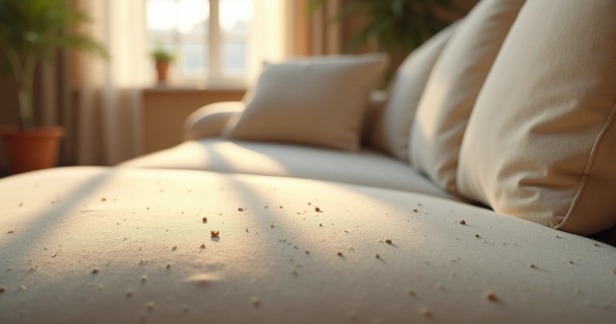 Sofá de tecido claro visto de perto, com destaque para pequenas partículas de poeira nas fibras 