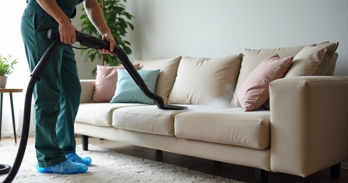 Profissional aplicando higienização em sofá de três lugares, mostrando detalhe do tecido limpo