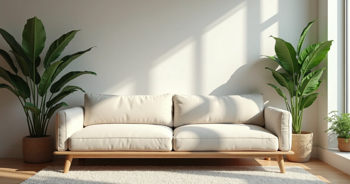 Sofá limpo em sala moderna com luz natural e plantas 