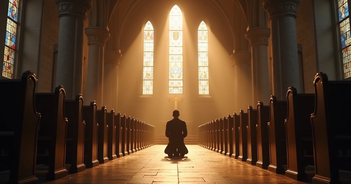 Pessoa orando sozinha numa igreja silenciosa, luz entrando pelas janelas 