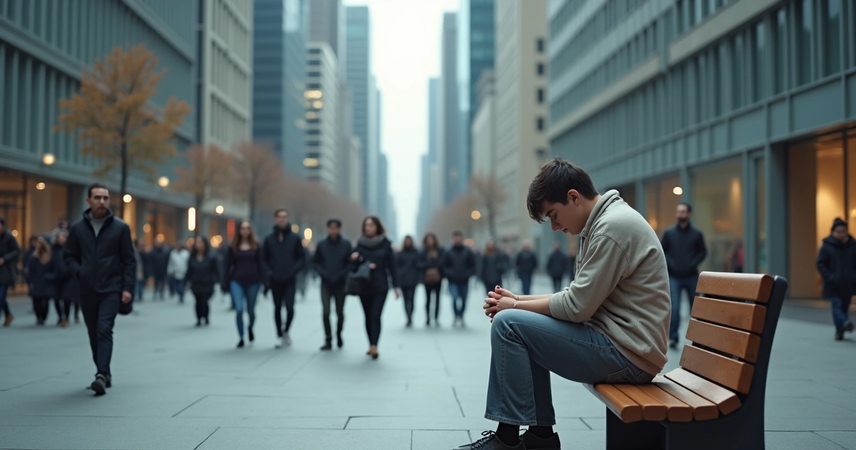 Pessoa sentada em banco de praça cercada por multidão desfocada e prédios altos 