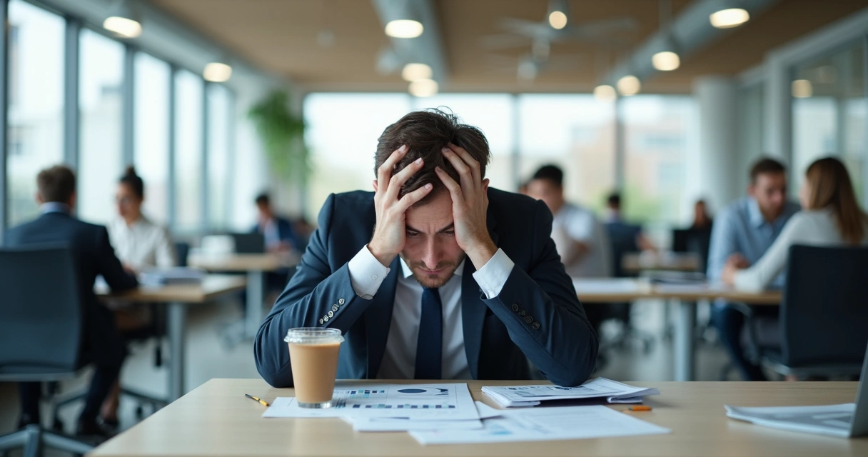 Profissional sentado em mesa de escritório com expressão de exaustão emocional 