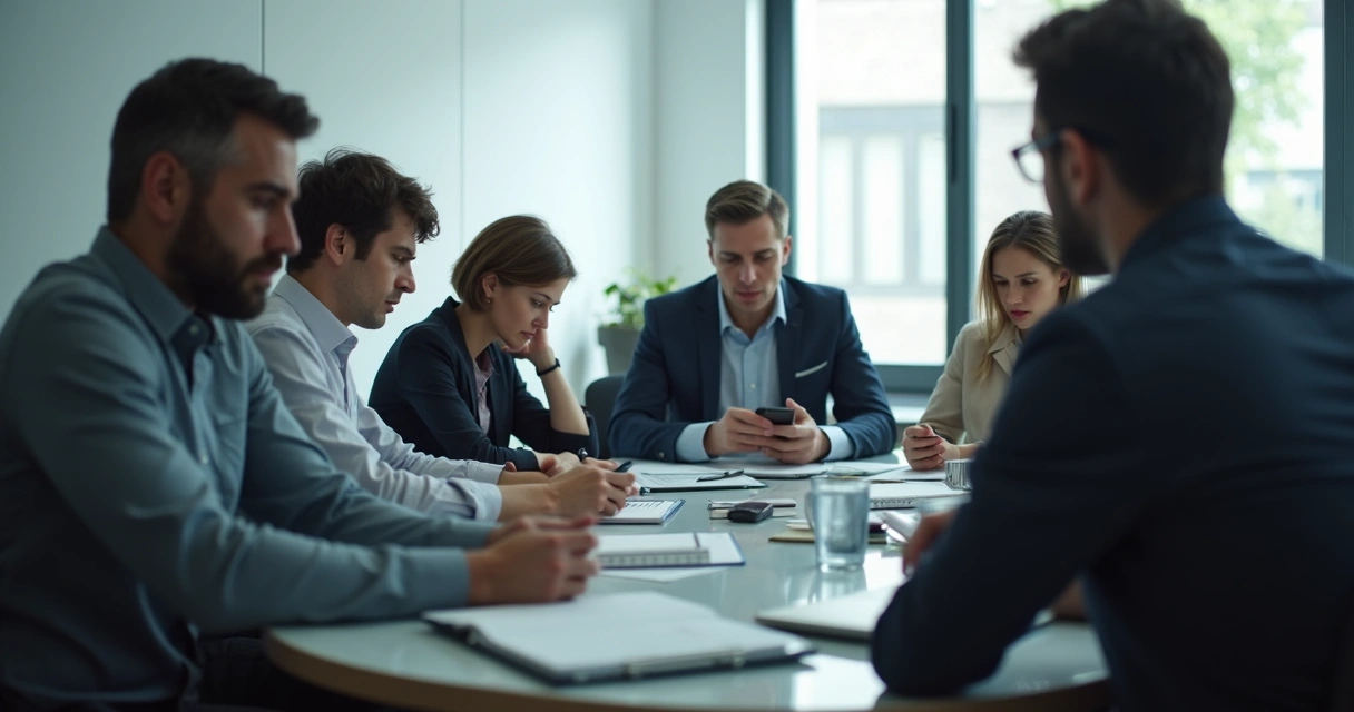 Equipe de escritório em reunião silenciosa e com expressão de cansaço.