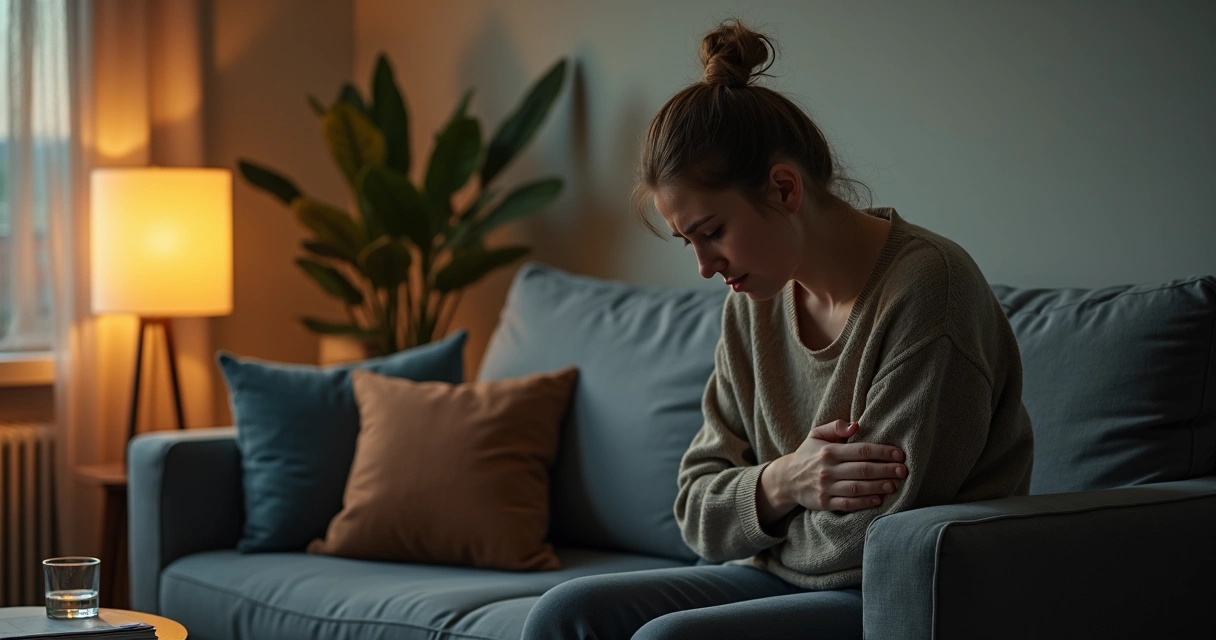 Pessoa sentada em sofá escuro com expressão pensativa e mão no peito em ambiente acolhedor 