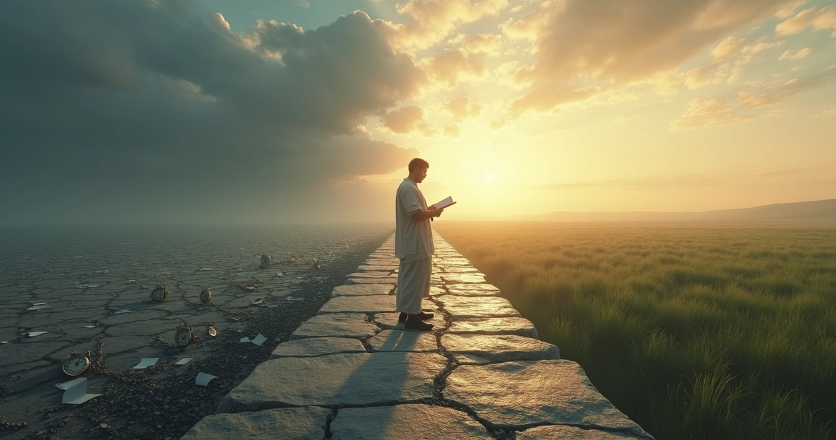 Pessoa em ponte luminosa entre cenário caótico e cenário calmo 