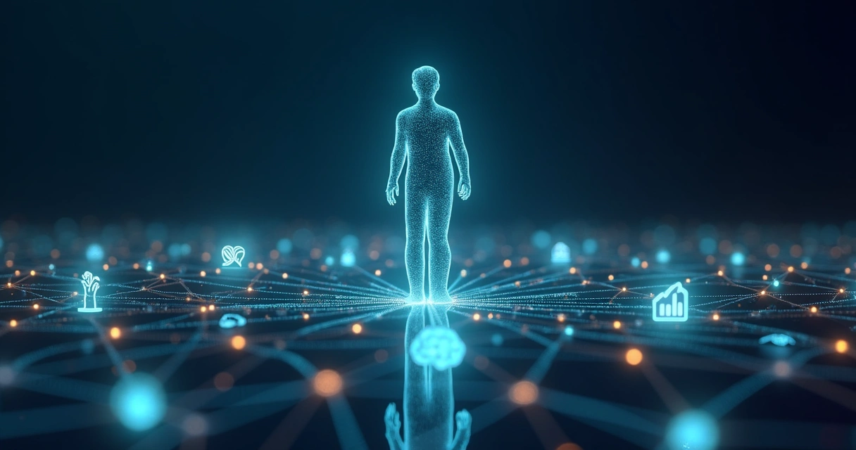 Abstract network of human-shaped icons connected by glowing soft skill symbols 