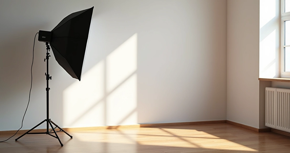 Softbox portátil montado ao lado de uma parede branca 