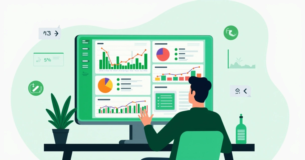 Tela de dashboard de software de métricas com gráficos coloridos sobre WhatsApp 