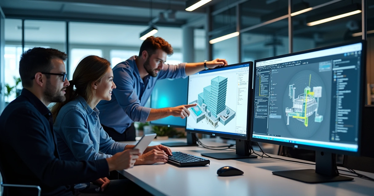 Softwares BIM conectados em múltiplas telas com profissionais interagindo 