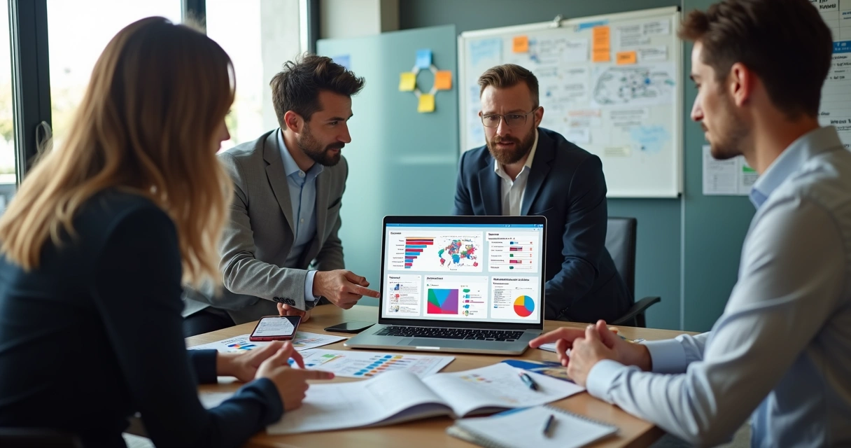 Equipe política analisando painel de campanha eleitoral em laptop com mapa e gráficos 