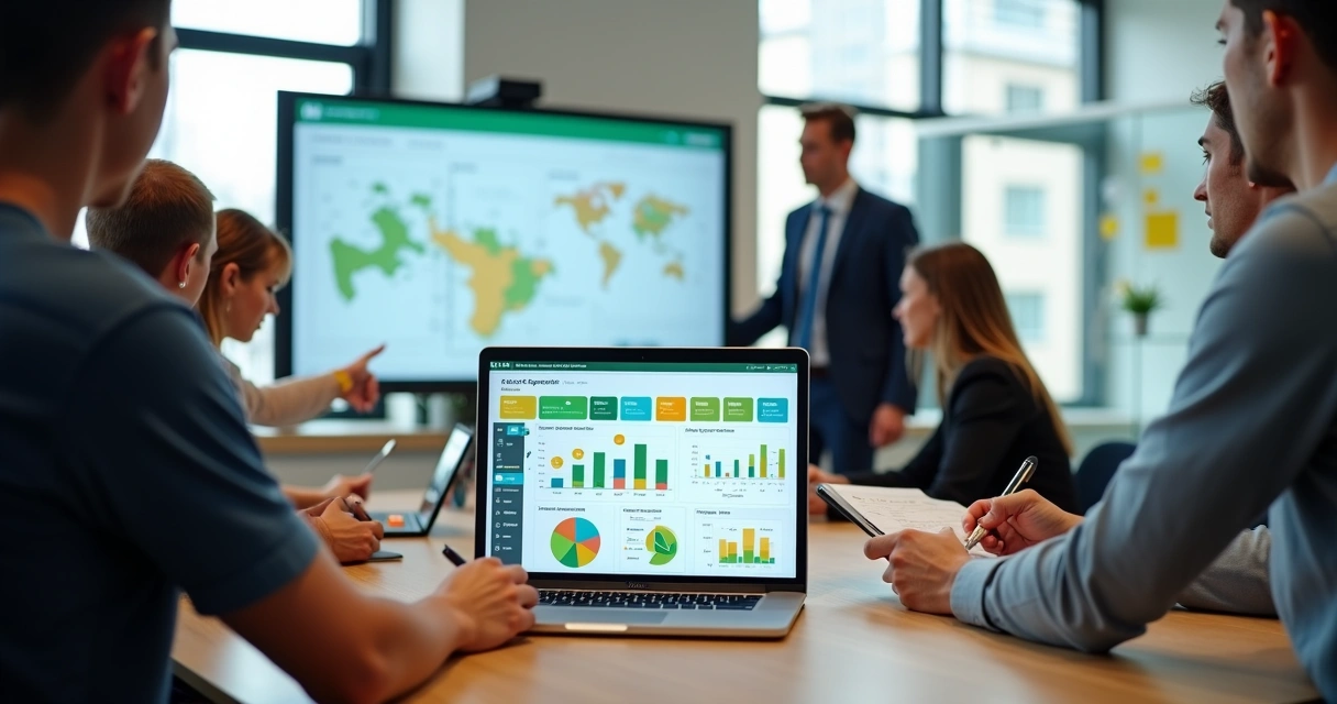 Candidato e equipe analisando painel digital de campanha política em notebook 