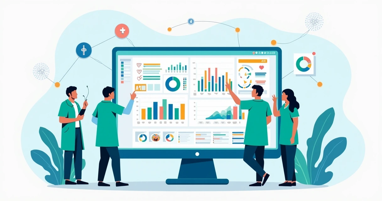 Critérios de Auditoria Clínica: Guia Prático para Profissionais 2 Dashboard colorido de software de compliance hospitalar, gráficos e checklist destacando indicadores