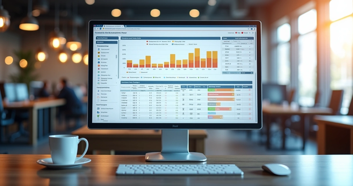 Tela de computador mostrando dashboard de software de compras para franquias com gráficos, status de pedidos e lista de franqueados 