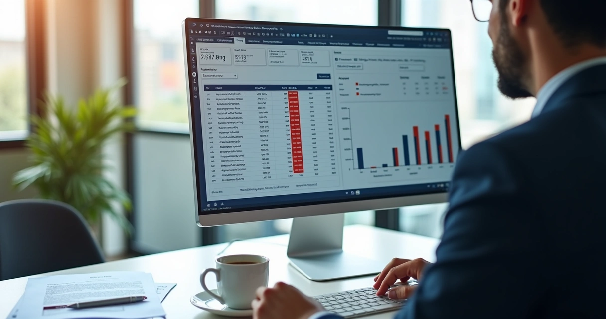 Software financeiro em monitor mostrando tela de conciliação financeira 